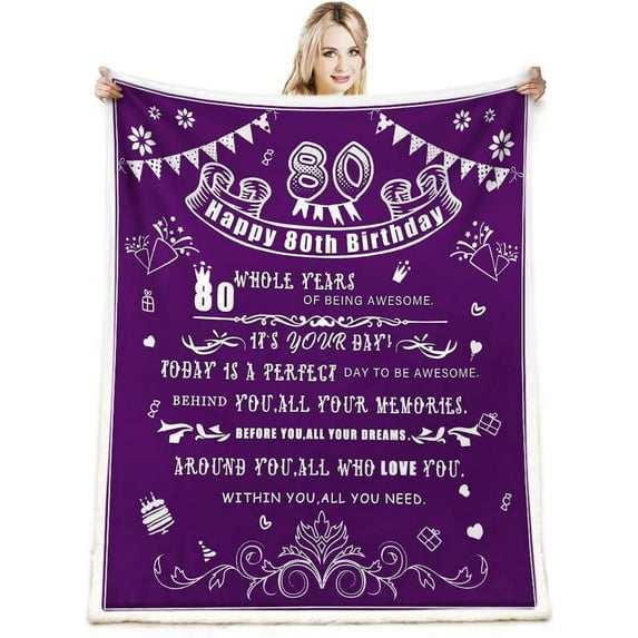 80th Birthday Gifts for Women Blanket,Happy 80th Birthday Decorations for Women Men Throw Blanket,Grandma Birthday Gifts Purple Blanket for Couch Sofa Bedroom,Women Gifts for Birthday Decor