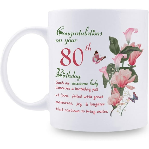 80th Birthday Gifts for Women - Congratulations on Your 80th Birthday Awesome Lady Mug - 80th Birthday Gifts for Grandma Mom Friend Sister Aunt Coworker - 11oz Coffee Mug