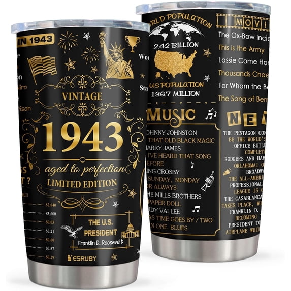 80th Birthday Gifts For Women/Men, Back In 1943 Tumbler 20oz, 80 Year Old Birthday Gifts For Men/Women, 1943 Birthday Gifts For Men, 80s Party Decorations, 80th Birthday Decorations Travel Cup