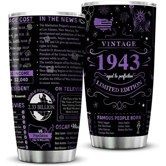 80th Birthday Gifts for Women Men Friends Vintage 1943 Tumblers 80 Year Old Birthday Supplies Vintage 1943 Back in 1943 Old Time Information Stainless Steel Vacuum Insulated Tumblers 20 oz
