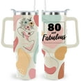 thumbnail image 1 of 80th Birthday Gifts for Women 80 & Fabulous Boho Bohemian Birthday Gift Ideas for Daughter Wife Mom Grandma 40oz Tumbler Cup With Handle, Beige, 1 of 6