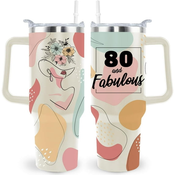 80th Birthday Gifts for Women 80 & Fabulous Boho Bohemian Birthday Gift Ideas for Daughter Wife Mom Grandma 40oz Tumbler Cup With Handle, Beige