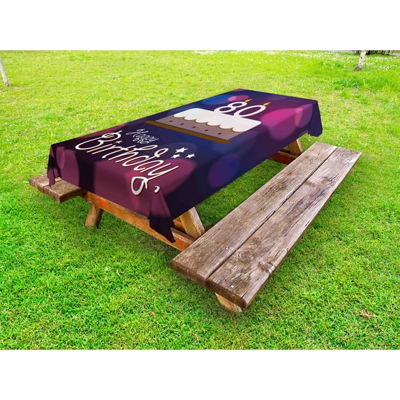 80th Birthday Outdoor Tablecloth, Abstract Style Backdrop with Birthday Party Cake and Candles Print, Decorative Washable Fabric Picnic Table Cloth, 58 X 84 Inches,Purple Pink and Lilac, by Ambesonne