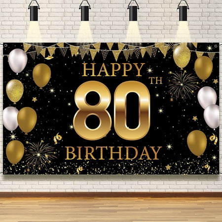 80th Birthday Party Decorations Backdrop Banner, Happy 80th Birthday Decorations for Men Women, 80 Years Old Birthday Photo Booth Props Black Gold, 80 Birthday Yard Sign