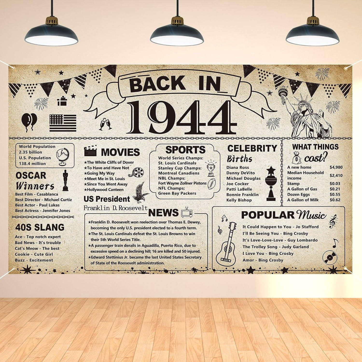 80. Geburtstag Banner 'Back In 1944' – Rosa Partydekoration, 180 X 115 Cm, Polyester, Für Hintergrund Oder Fotoecke