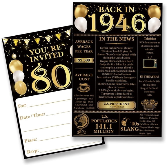 80th Birthday Party Invitations for Women Men - Back in 1946 Invites 80 Year Old Birthday Invitations Set (20 Invites and Envelopes)