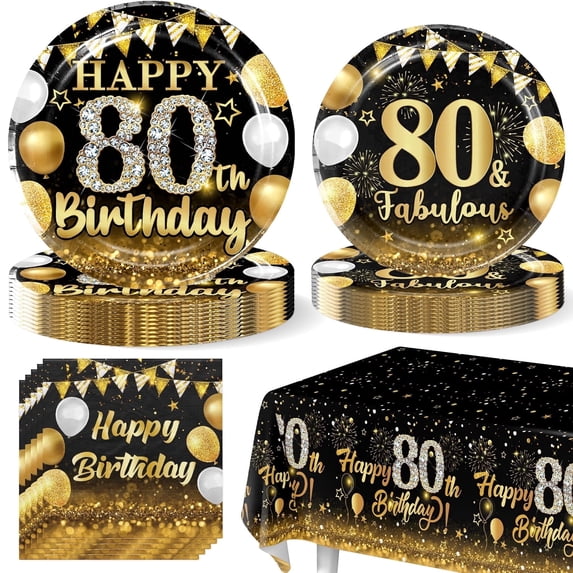 Morabloomy Black Gold 80th Birthday Party Supplies Paper Plates Napkins Tablecloth Set