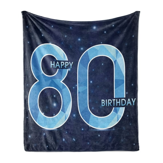 80th Birthday Soft Flannel Fleece Throw Blanket, Diamond Age 80 Yeras Old Happy Birthday Party Theme with Stars, Cozy Plush for Indoor and Outdoor Use, 50" x 70", Navy Blue and Sky Blue, by Ambesonne