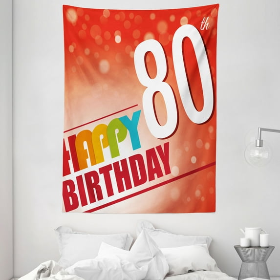 80th Birthday Tapestry, 80 Wise Age Colorful Birthday Party with Abstract Background, Wall Hanging for Bedroom Living Room Dorm Decor, 60W X 80L Inches, Red Vermilion and White, by Ambesonne