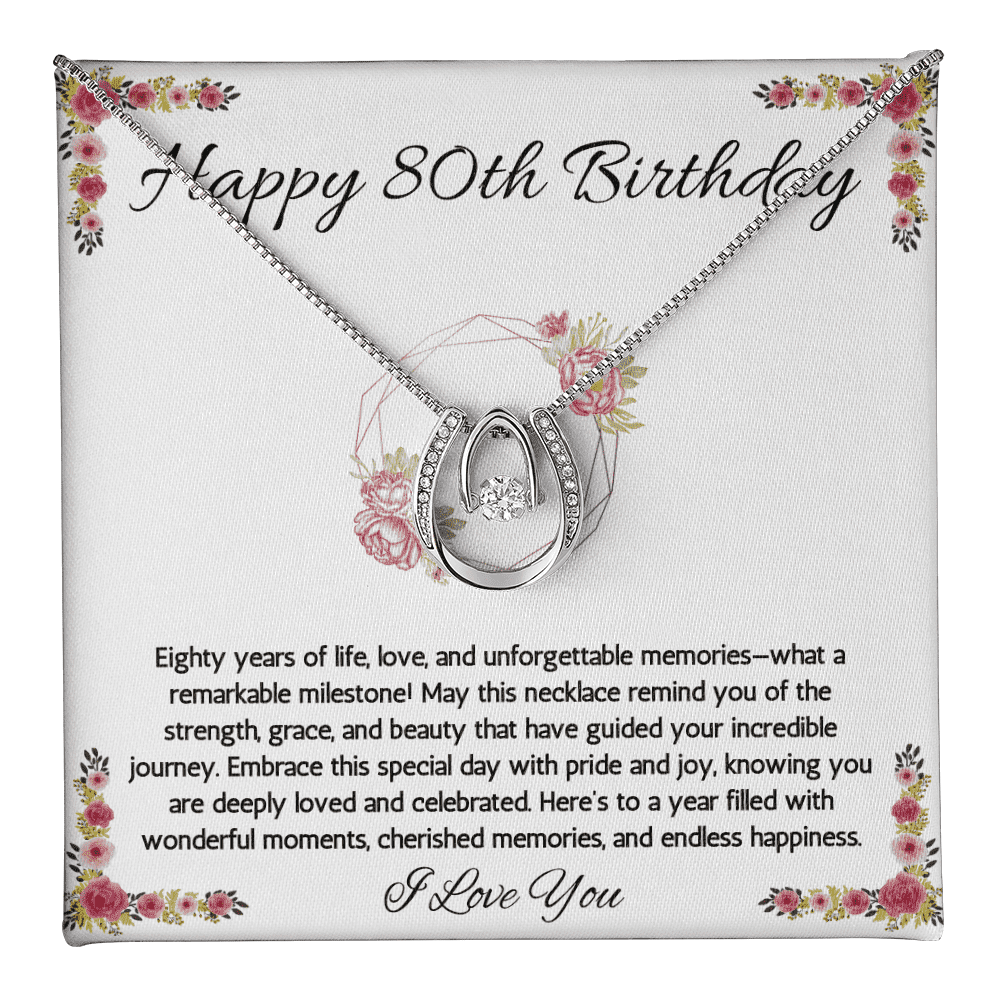 80th Birthday Women Gift Lucky in Love Message Card Necklace for