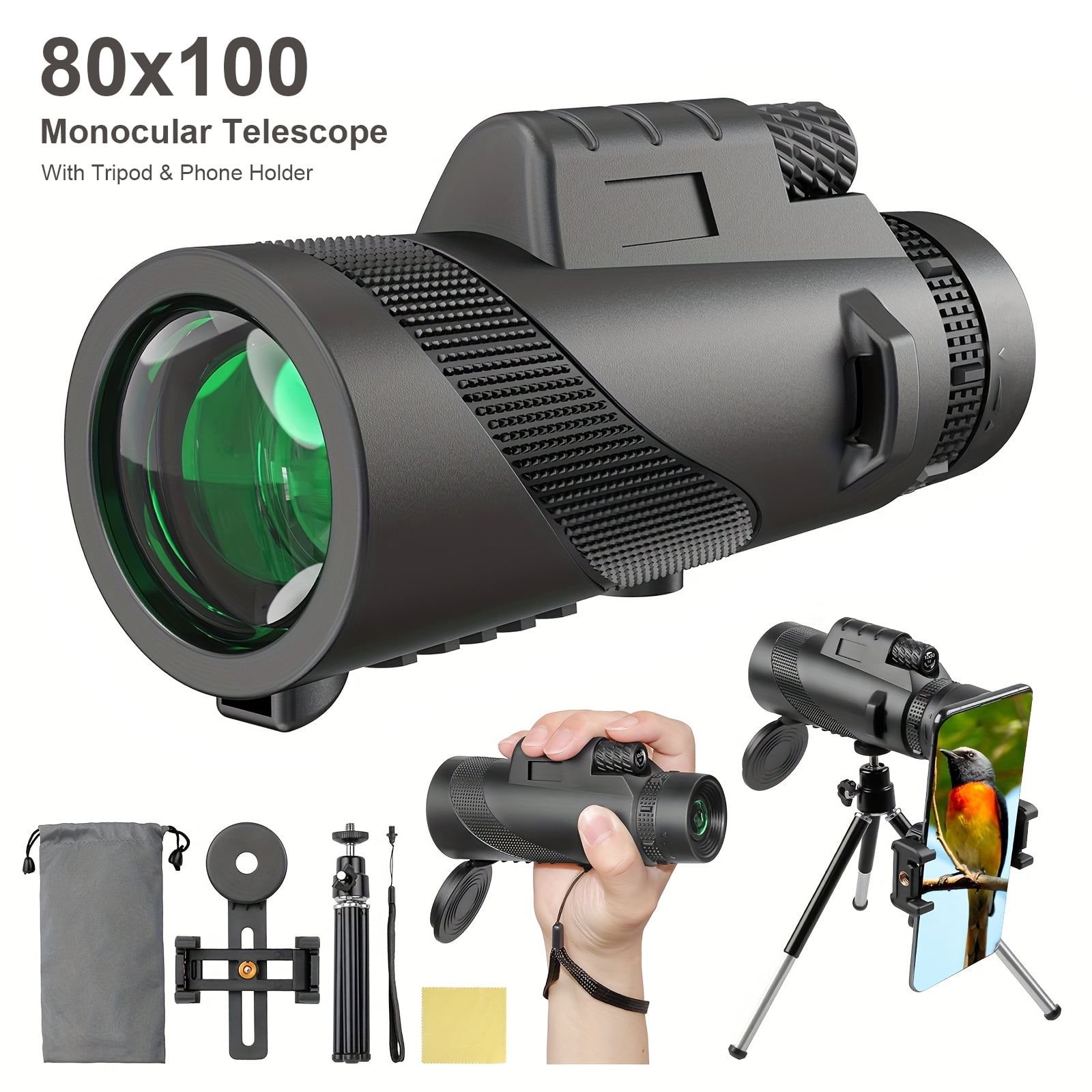 80x100 HighDefinition Monocular Telescope with Phone Holder & Tripod