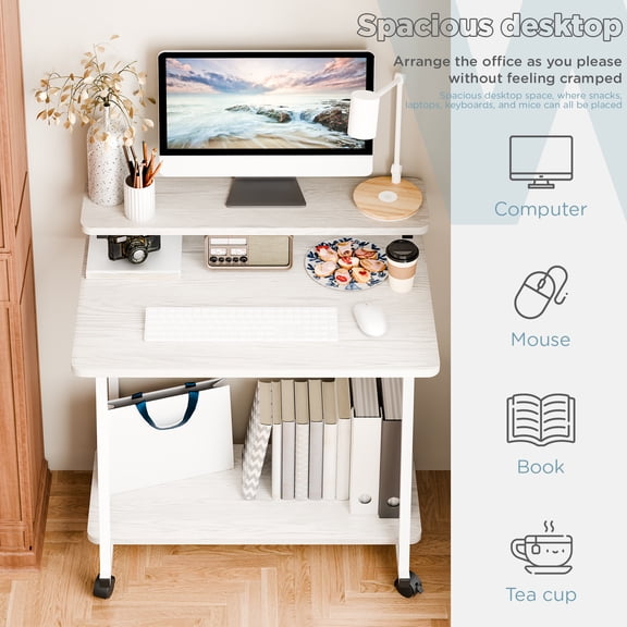 cbehtwi 80x50cm Small Rolling Computer Desk 3-Tier Work Office Desk with Monitor Stand, Compact Writing Desk for Small Spaces/Students