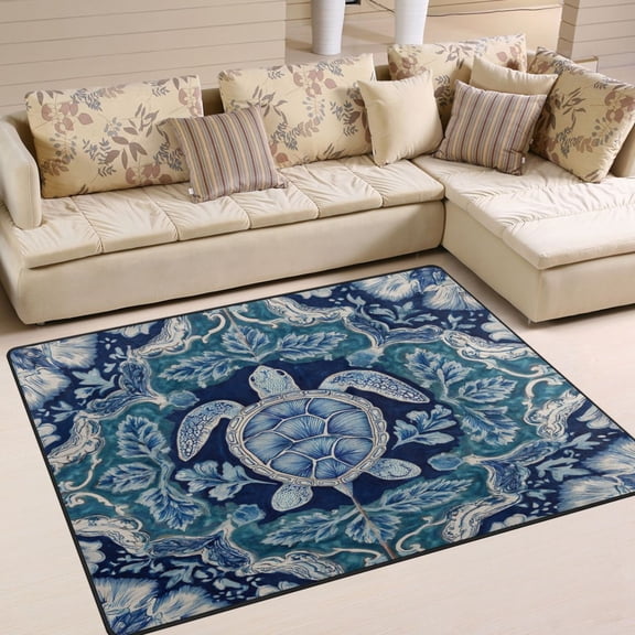 80x58in Area Rug Machine Washable Floor Mats Skid-Resistant Backing Carpet for Home Kitchen Bedroom Dark Teal Turtle Pattern