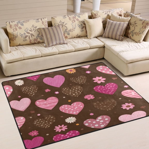 80x58in Area Rug Machine Washable Floor Mats Skid-Resistant Backing Carpet for Home Kitchen Bedroom Pink and Brown Hearts Pattern