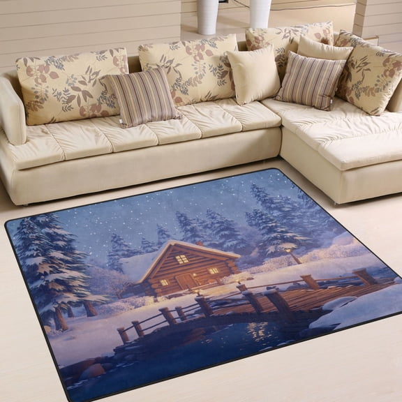 80x58in Area Rug for Living Room Non-Slip Carpet Soft and Washable Floor Mat for Home Comfort A Cozy Log Cabin Nestled