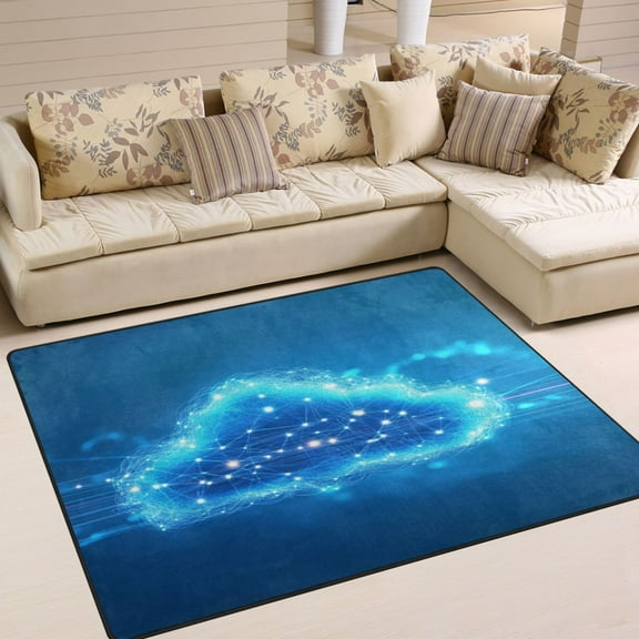 80x58in Area Rug for Living Room Non-Slip Carpet Soft and Washable Floor Mat for Home Comfort Blue Cloud with Glowing Lights