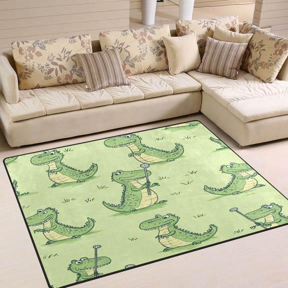 80x58in Area Rug for Living Room Non-Slip Carpet Soft and Washable Floor Mat for Home Comfort Cartoon Alligators Playing Golf