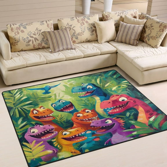80x58in Area Rug for Living Room Non-Slip Carpet Soft and Washable Floor Mat for Home Comfort Colorful Cartoon Dinosaurs
