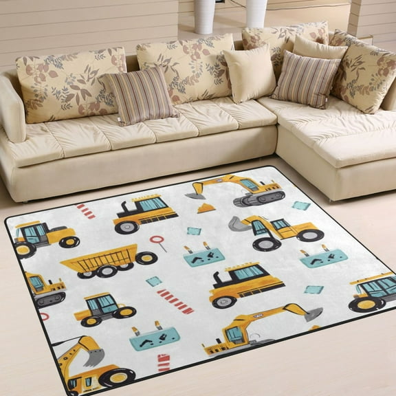 80x58in Area Rug for Living Room Non-Slip Carpet Soft and Washable Floor Mat for Home Comfort Construction Trucks and Excavators
