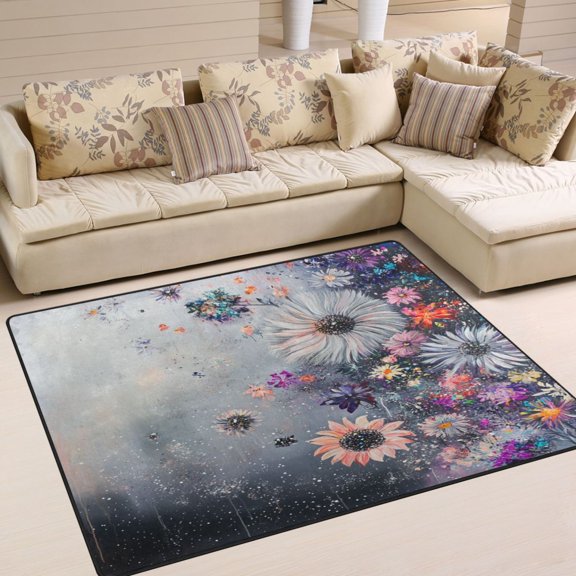 80x58in Area Rug for Living Room Non-Slip Carpet Soft and Washable Floor Mat for Home Comfort Featuring Floating Flowers