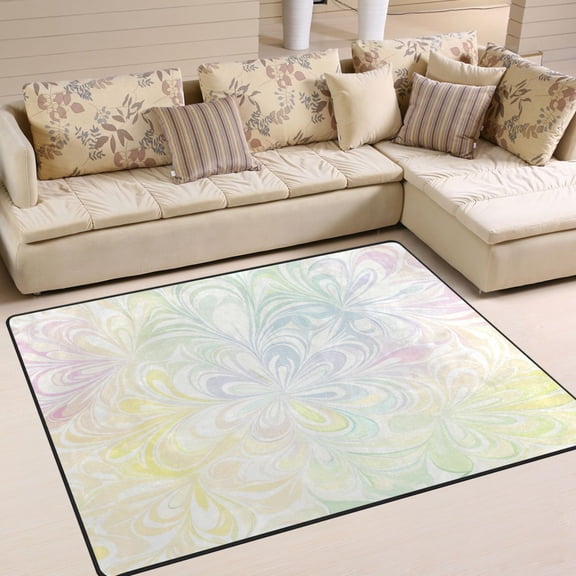 80x58in Area Rug for Living Room Non-Slip Carpet Soft and Washable Floor Mat for Home Comfort Light Yellow Complex Lace