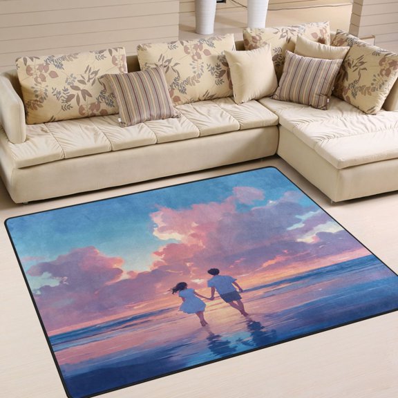 80x58in Area Rug for Living Room Non-Slip Carpet Soft and Washable Floor Mat for Home Comfort Man and Woman Holding Hands
