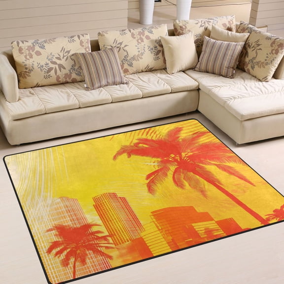 80x58in Area Rug for Living Room Non-Slip Carpet Soft and Washable Floor Mat for Home Comfort Orange Silhouettes Of Buildings