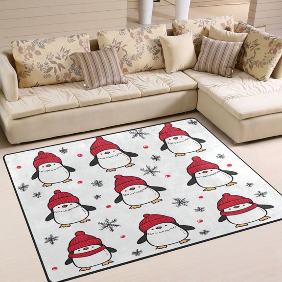 80x58in Area Rug for Living Room Non-Slip Carpet Soft and Washable Floor Mat for Home Comfort Penguin Pattern