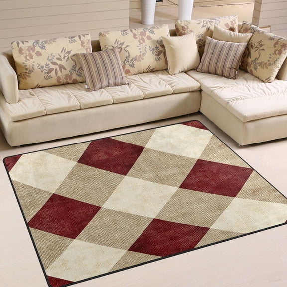 80x58in Area Rug for Living Room Non-Slip Carpet Soft and Washable Floor Mat for Home Comfort Red and Beige Checkered