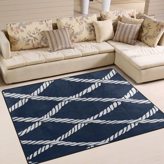 80x58in Area Rug for Living Room Non-Slip Carpet Soft and Washable Floor Mat for Home Comfort White Lines Of Rope