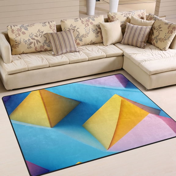 80x58in Area Rug for Living Room Non-Slip Carpet Soft and Washable Floor Mat for Home Comfort Yellow and Pink Triangles Placed