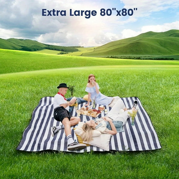 80x80 Inch Extra Large Waterproof Picnic Blanket - Heavy Duty 3-Layer Outdoor Mat w/Carry Bag, Folds Compact for Beach, Camping, Backyard - Fits 6-8 Adults, Durable & Sandproof