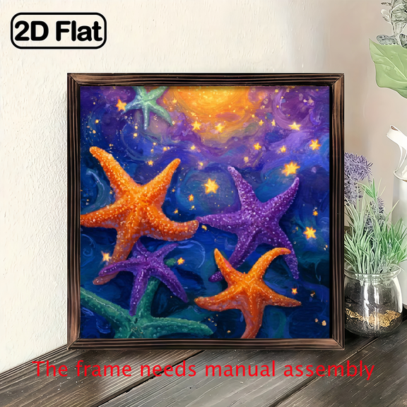 80x80 inch Rustic Wood Framed Wall Art - Ocean Starry Night Starfish Design, Vintage Coastal Decor for Home Office Desk Shelf Living Room, Easy Installation, Unique Housewarmin