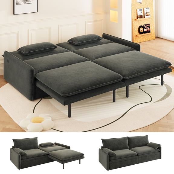 81.1'' Futon Sofa Bed, Convertible Sleeper Sofa Bed, Cloud Folding Loveseat, USB, Type-C, Adjustable Back, Storage Space, Chenille Double Chaise Couches for Living Room, Apartment, Dark Gray