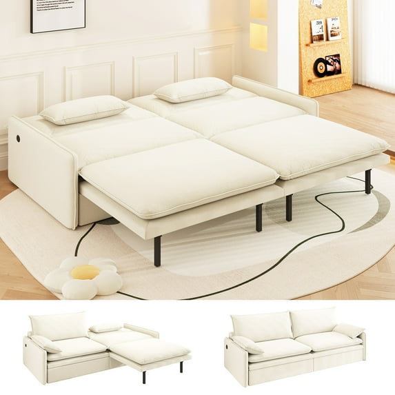 81.1'' Futon Sofa Bed, Convertible Sleeper Sofa Bed, Cloud Folding Loveseat, USB, Type-C, Adjustable Backrest, Storage Space, Chenille Double Chaise Couches for Living Room, Apartment, Beige
