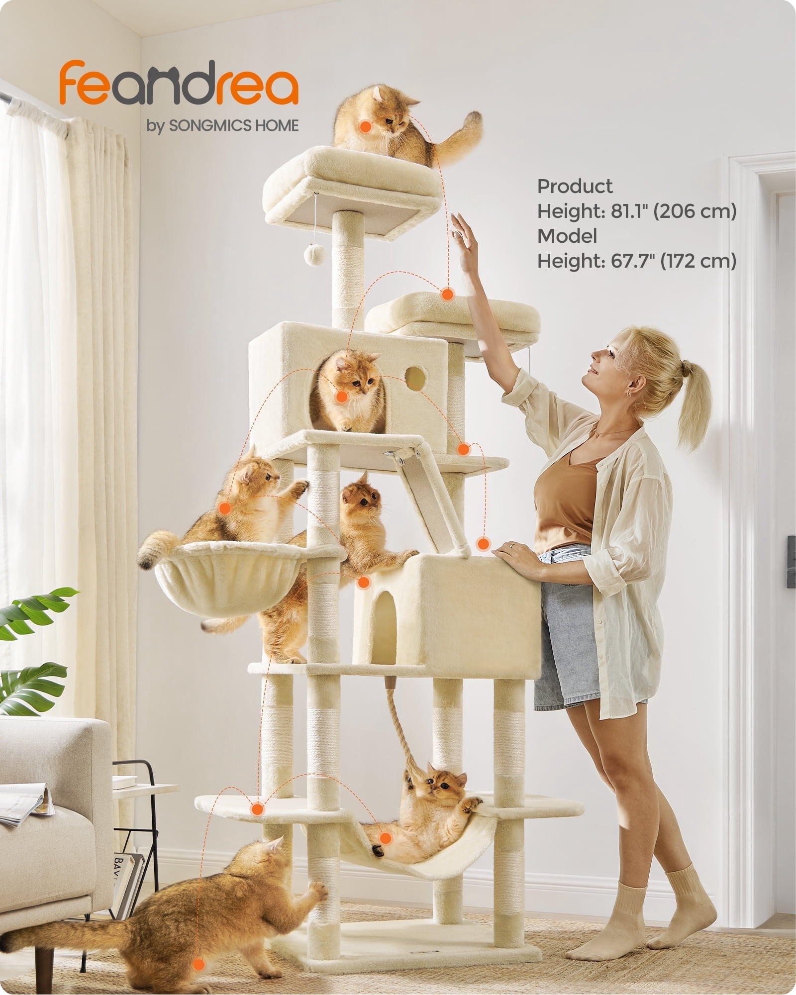 81.1"H Cat Tree Cat Tower for Indoor Cats, Plush Multi-Level Cat Condo with Scratching Posts, Perches, Caves, Hammock, Beige