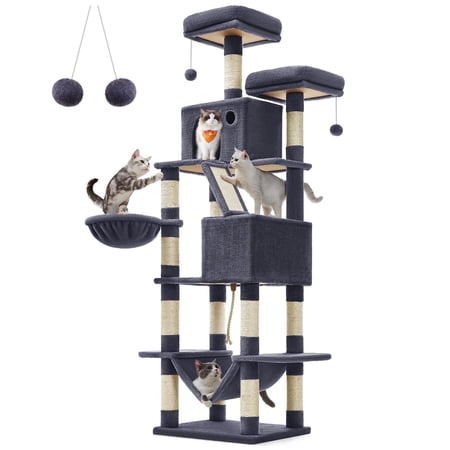 81.1"H Cat Tree Cat Tower for Indoor Cats, Plush Multi-Level Cat Condo with Scratching Posts, Perches, Caves, Hammock, Smoky Gray