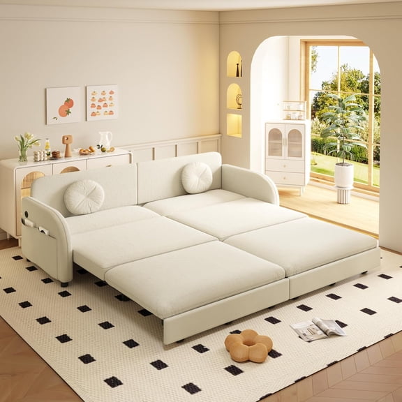 81.1'' Pull Out Couch Bed King Size, Chenille Sleeper Sofa Daybed, 3 in 1 Convertible Couches, Futon Sofa with 2 Pillows, Storage Pockets, USB, 3-Seater for Small Spaces, Living Room, Beige