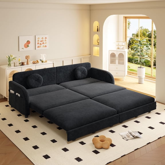 81.1'' Pull Out Couch Bed King Size, Chenille Sleeper Sofa Daybed, 3 in 1 Convertible Couches, Futon Sofa with 2 Pillows, Storage Pockets, USB, 3-Seater for Small Spaces, Living Room, Black