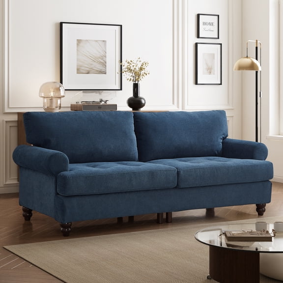 Me'on 81" Rolled Arm Sofa Couch with Storage, Mid Century Modern Decor Upholstered Couches for Living Room, Button Tufted Loveseat for Bedroom, Blue