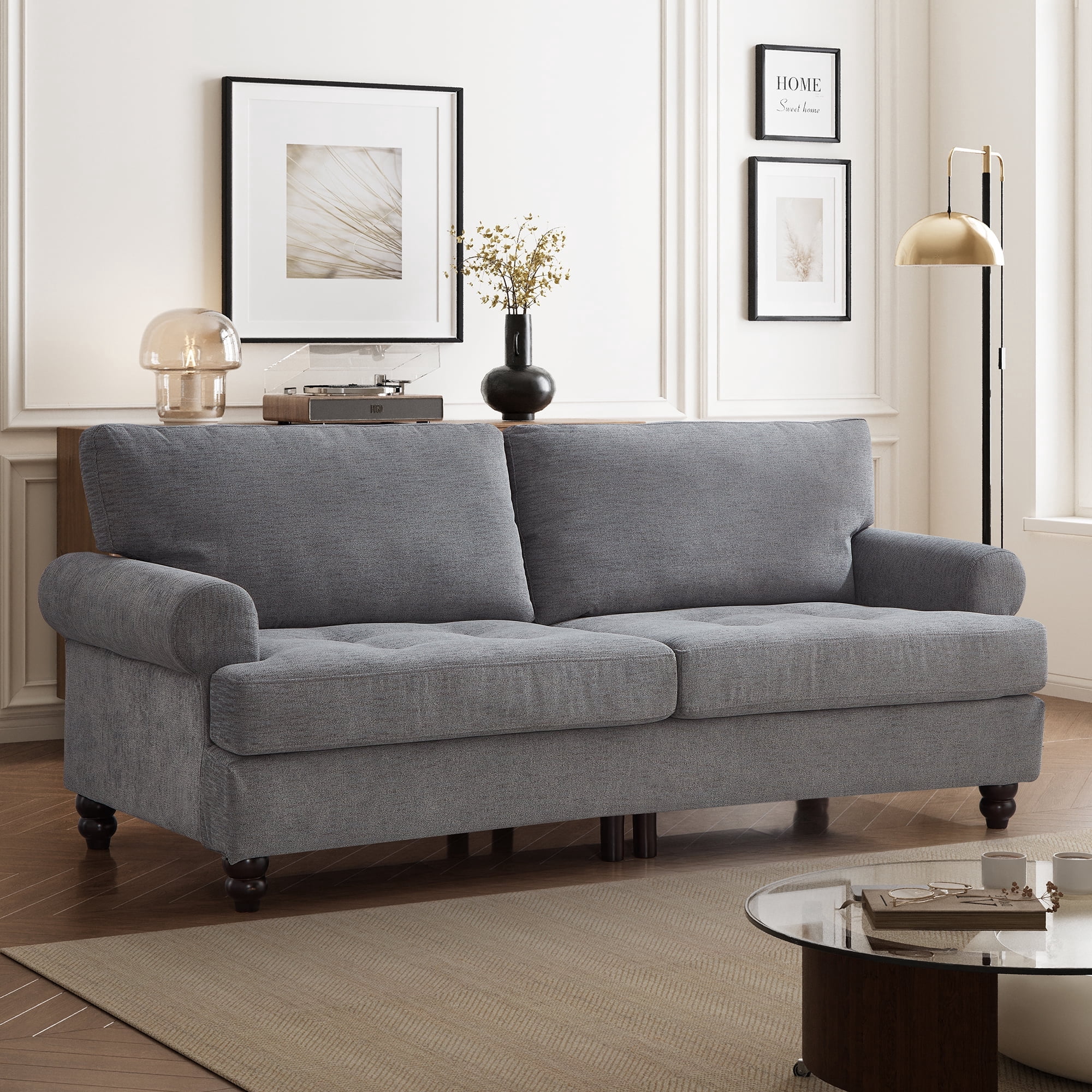 Me'on 81" Rolled Arm Sofa Couch with Storage, Mid Century Modern Decor Upholstered Couches for Living Room, Button Tufted Loveseat for Bedroom, Blue