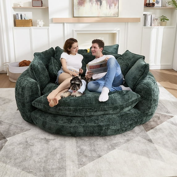 81.1"W Oversized Round Chaise Lounge Chair Indoor, Extra Wide Round Couch for 2 People, Upholstered Barrel Chair with 14 Pillows, Comfy Cloud Reading Couch Fluffy Sleeper Sofa for Living Room