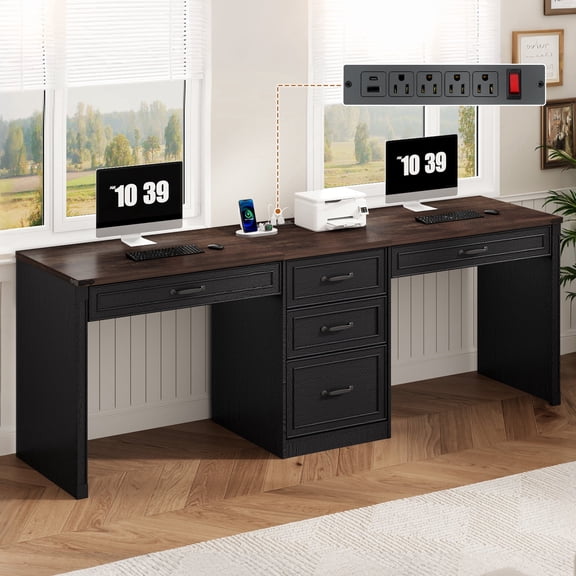 80.9" Two Person Desk with Charging Station & 5 Storage Drawers – Industrial Farmhouse Home Office Computer Desk
