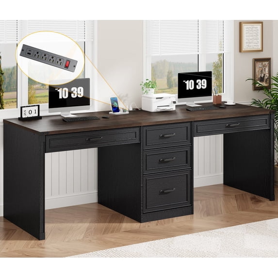 80.9" Two Person Desk with Charging Station & 5 Storage Drawers – Industrial Farmhouse Home Office Computer Desk