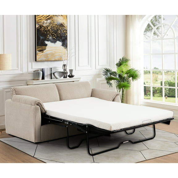 81.29-inch Futon Bed, Multi-functional Pull Out Couch, Velvet Upholstery, Metal Frame, High Sponge, Cushion Back Style Modern Sleeper Bed For Living Room Comfort