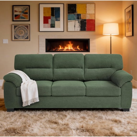 81" 3 Seater Chenille Sofa, Comfy Upholstered Tufted Couch with Wide Armrests for Living Room, Apartment, Office (Dark Green)