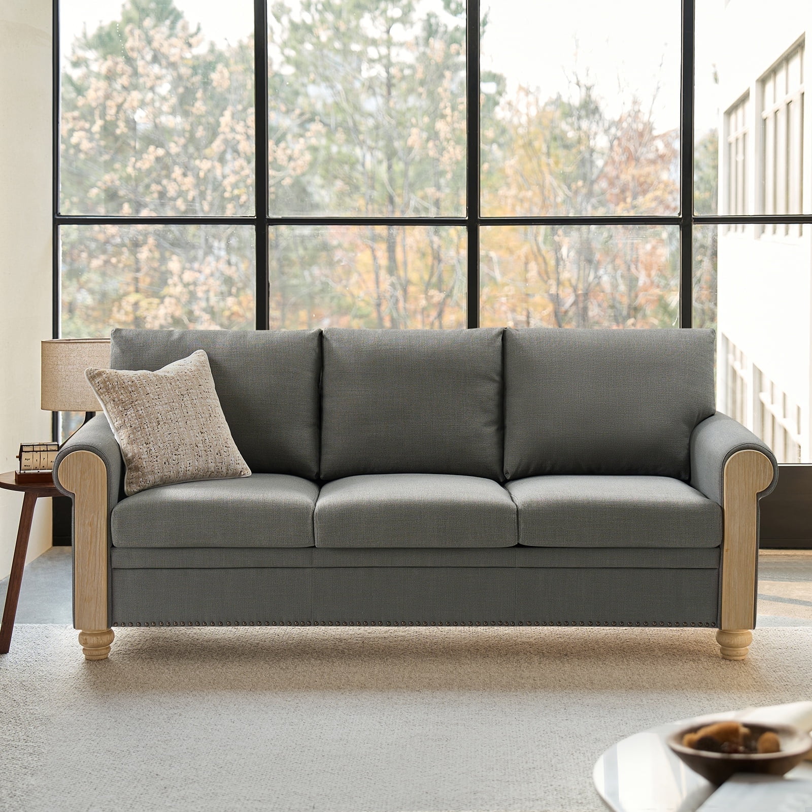 81" 3-Seater Farmhouse Sofa with Rolled Arms, Solid Wood Legs & Linen Upholstery for Living Room, Charcoal