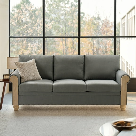 81" 3-Seater Farmhouse Sofa with Rolled Arms, Solid Wood Legs & Linen Upholstery for Living Room, Charcoal