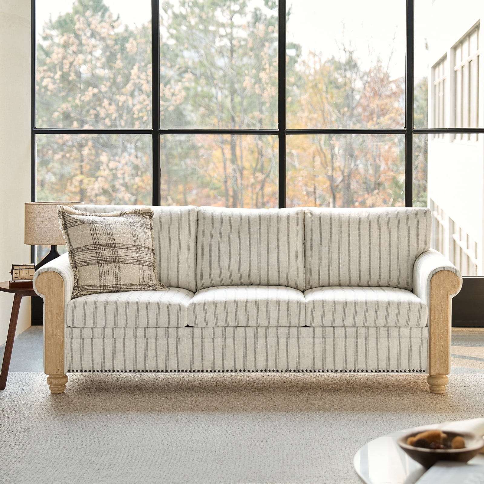 Tina's Home 81" Farmhouse 3-Seater Sofa with Rolled Arms, Upholstered Striped Linen Couch with Solid Wood Legs, Comfortable Living Room Sofa