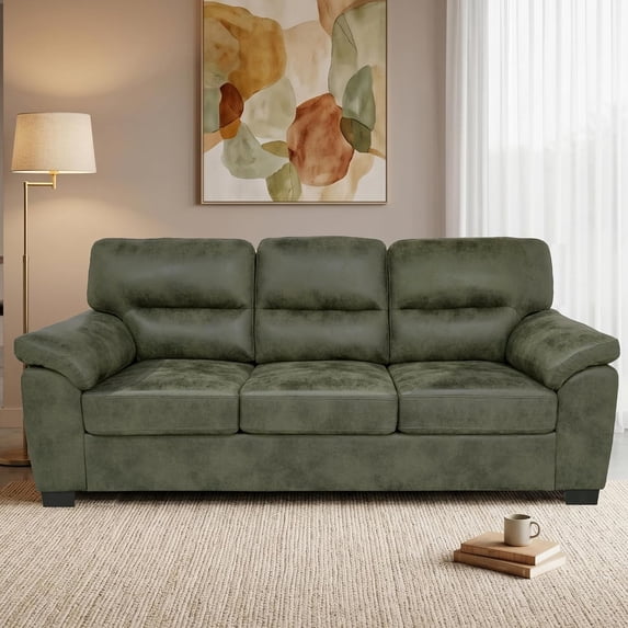 81" 3 Seater Sofa, Tech Breathable Faux Leather Tufted Couch with Wide Armrests for Living Room, Apartment, Office (Olive Green)